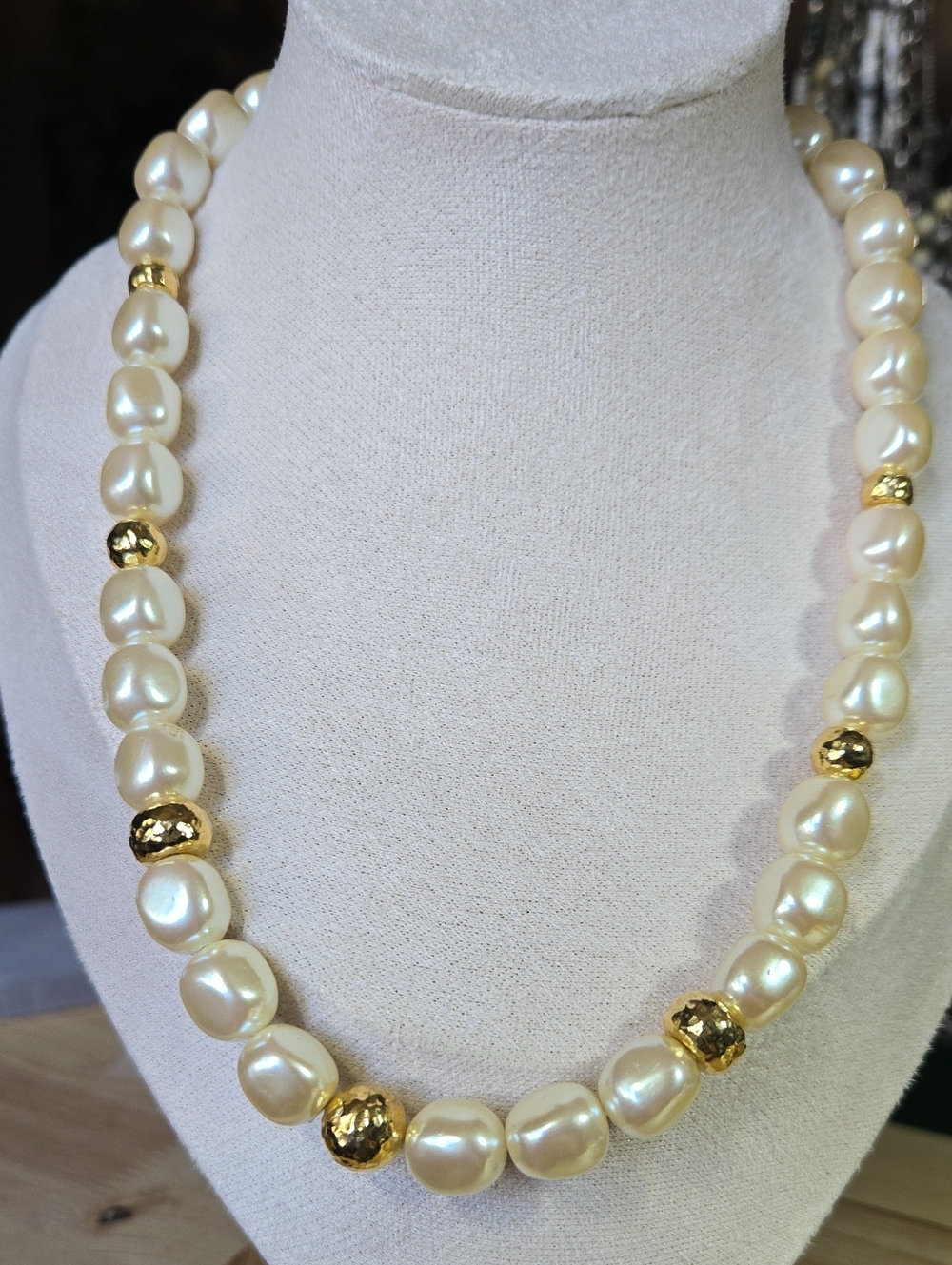 Classic Pearl and Gold Bead Necklace - Cream Pearls